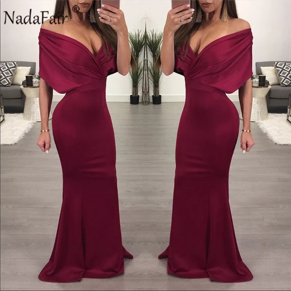 Women’s sexy v neck off the shoulder evening gown - Picture 5 of 6